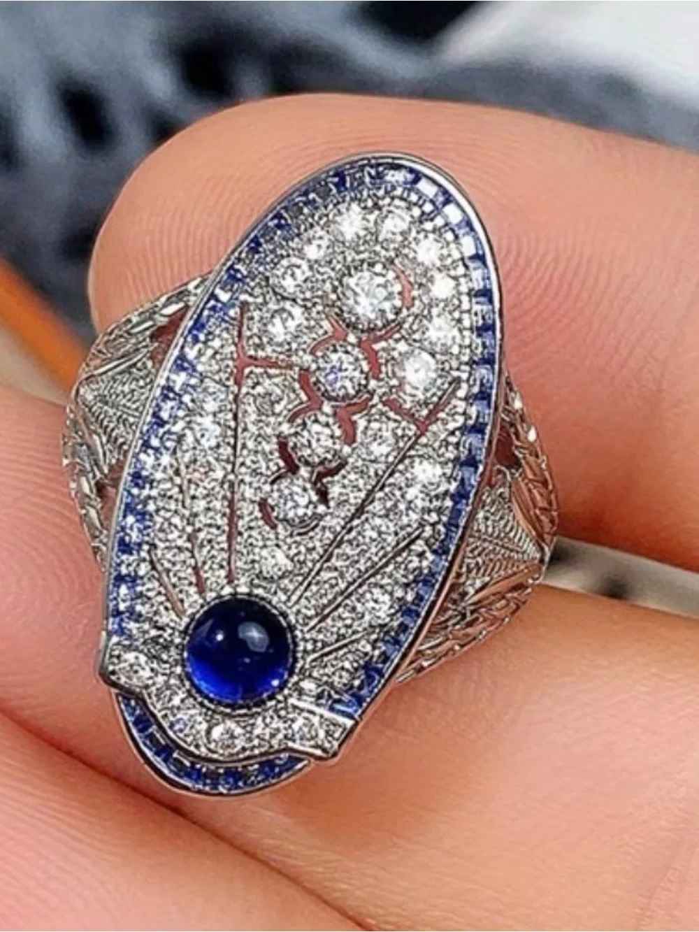 Anthropologie Art Deco Style Blue Cabochon Pavé Crystal Statement Ring Size 7